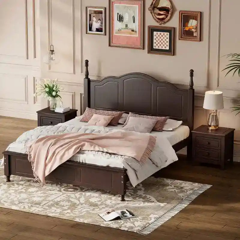 Lit Plateforme en Bois Queen/Full avec 2 Tables de Chevet