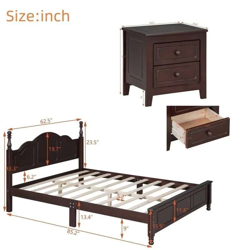 Lit Plateforme en Bois Queen/Full avec 2 Tables de Chevet