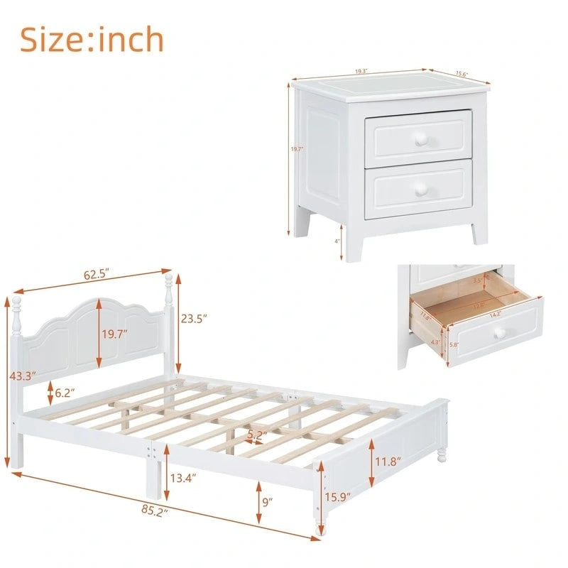 Lit Plateforme en Bois Queen/Full avec 2 Tables de Chevet
