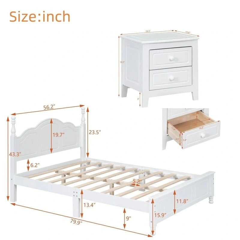 Lit Plateforme en Bois Queen/Full avec 2 Tables de Chevet