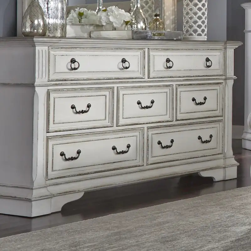 Commode 7 tiroirs marron vieilli et blanc antique