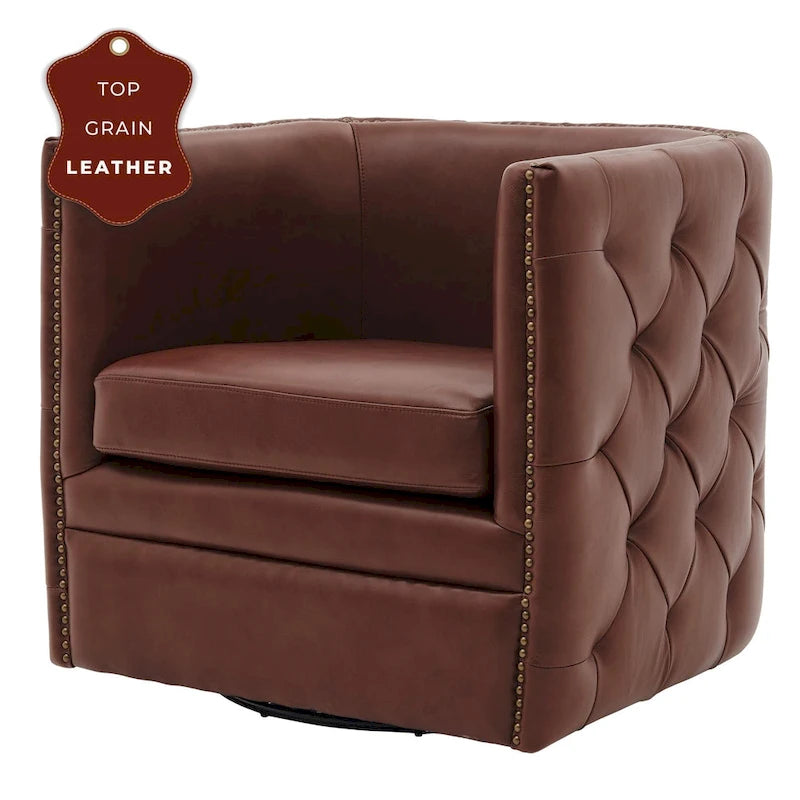 Fauteuil pivotant capitonné en cuir pleine fleur Leslie