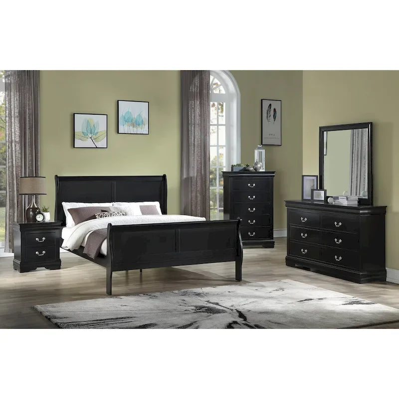 Chambre à coucher en bois noir avec lit traîneau
