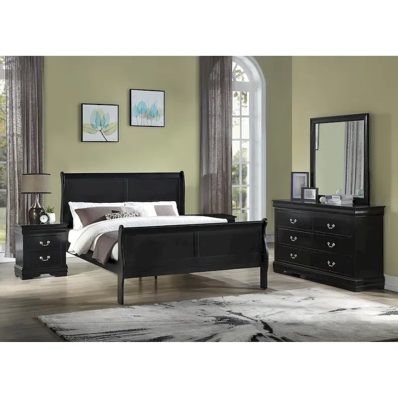 Chambre à coucher en bois noir avec lit traîneau