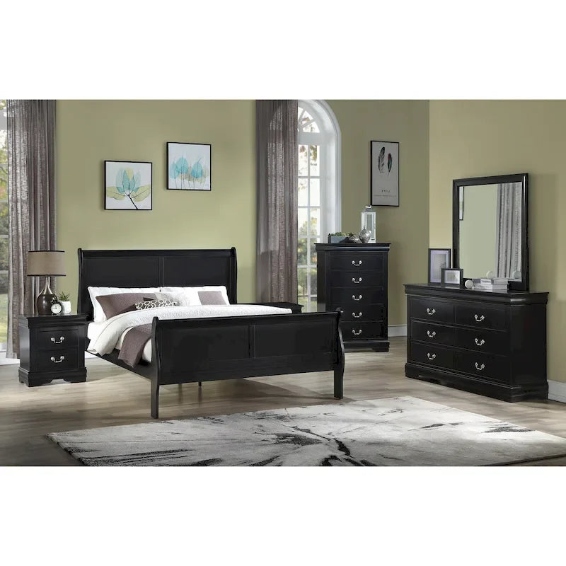 Chambre à coucher en bois noir avec lit traîneau