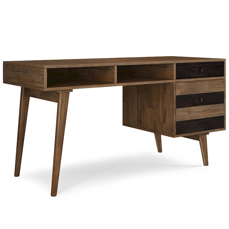 Bureau contemporain en bois massif de 60 pouces de large avec tiroirs, coloris brun vieilli rustique
