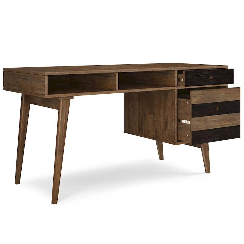 Bureau contemporain en bois massif de 60 pouces de large avec tiroirs, coloris brun vieilli rustique
