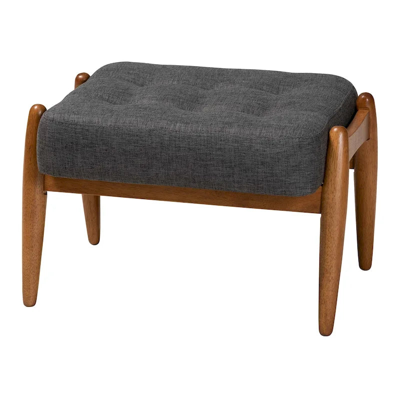 Ottoman repose-pieds Japandi en tissu gris foncé et bois de noyer