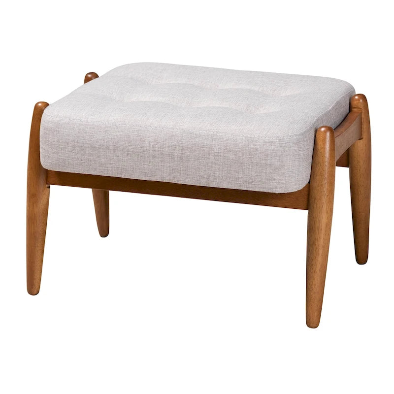 Ottoman repose-pieds Japandi en tissu gris foncé et bois de noyer