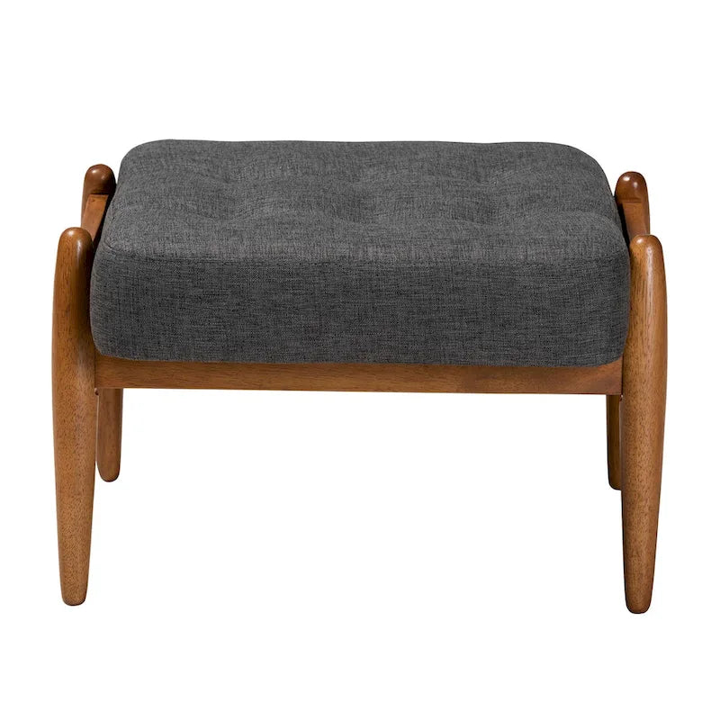 Ottoman repose-pieds Japandi en tissu gris foncé et bois de noyer