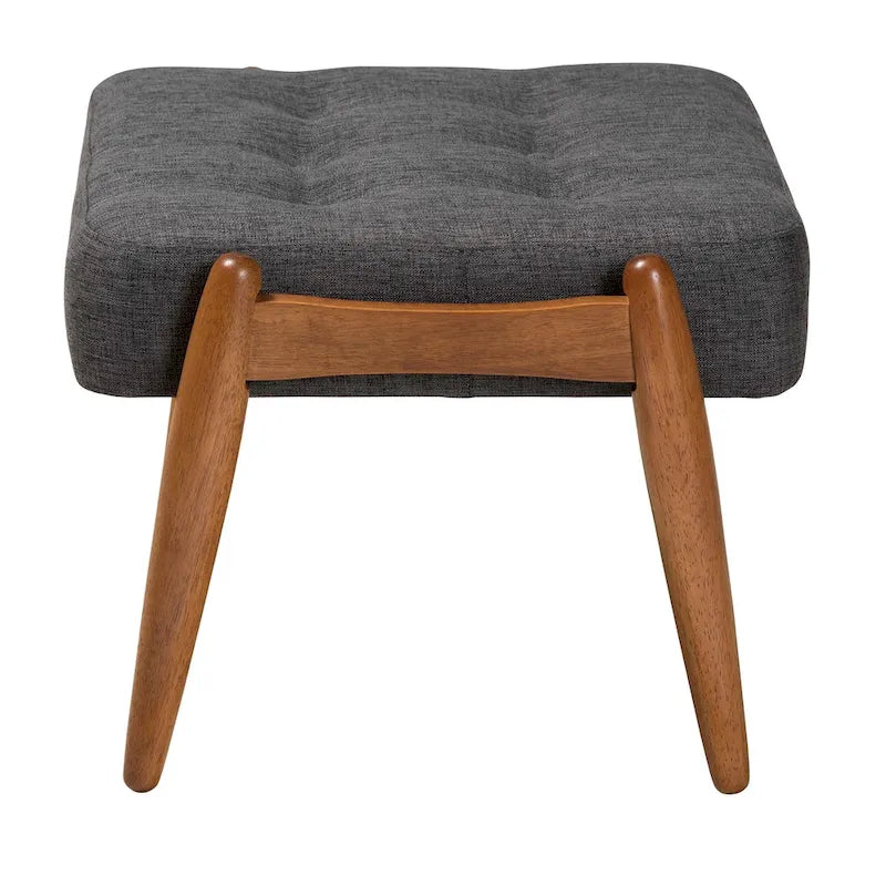 Ottoman repose-pieds Japandi en tissu gris foncé et bois de noyer