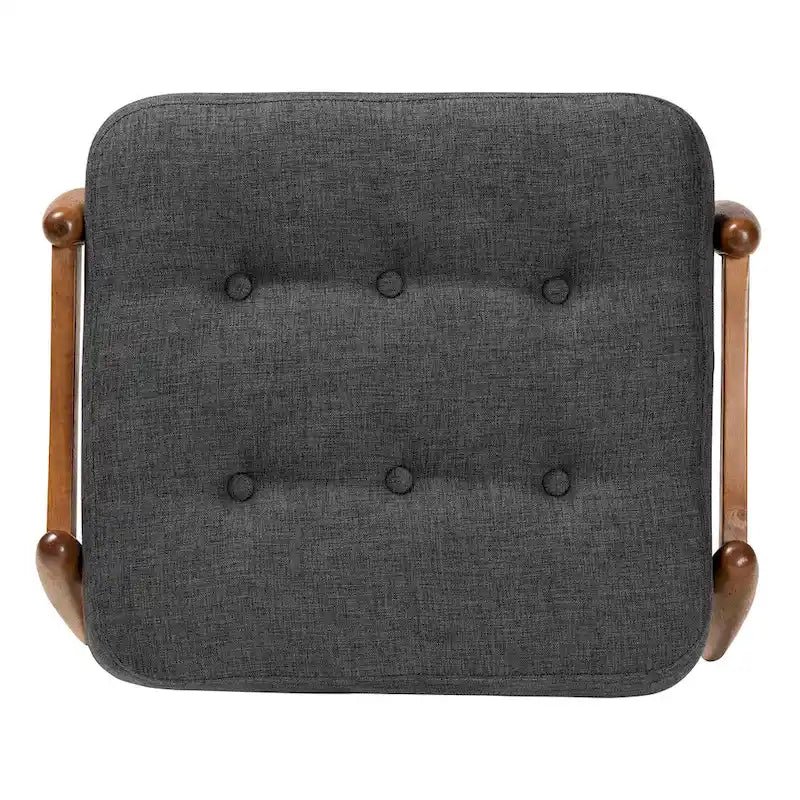 Ottoman repose-pieds Japandi en tissu gris foncé et bois de noyer