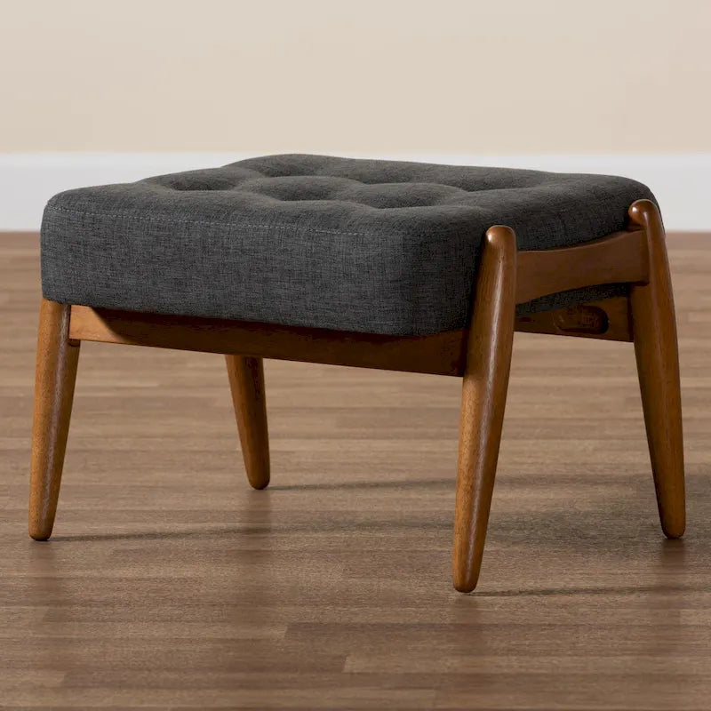 Ottoman repose-pieds Japandi en tissu gris foncé et bois de noyer