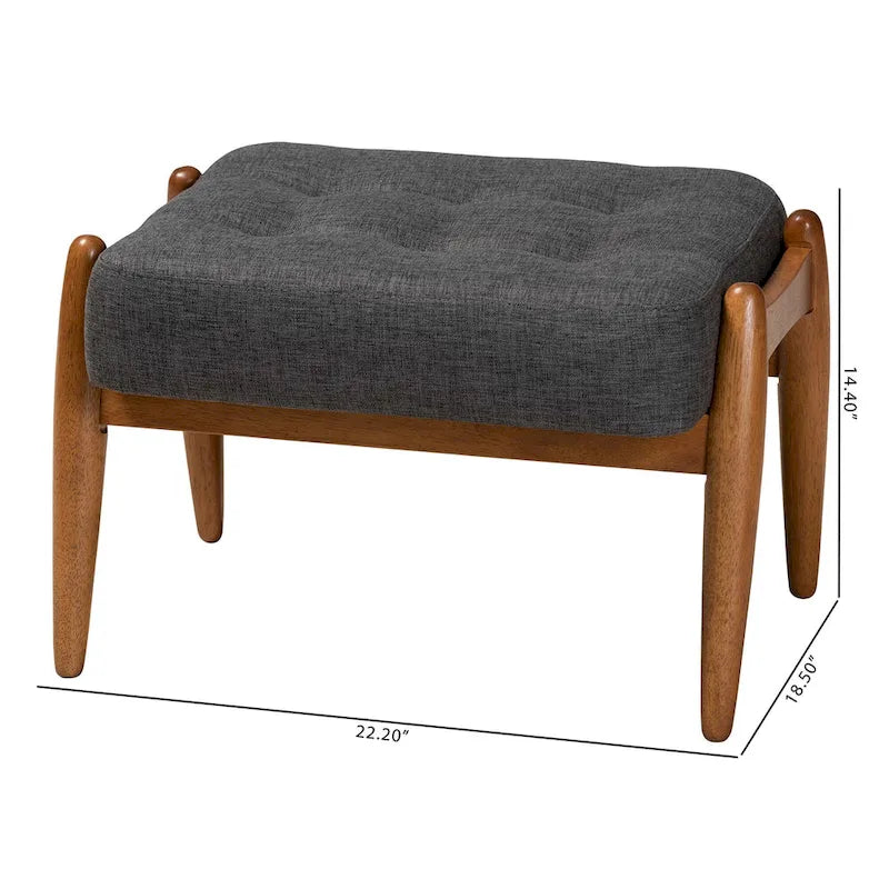 Ottoman repose-pieds Japandi en tissu gris foncé et bois de noyer