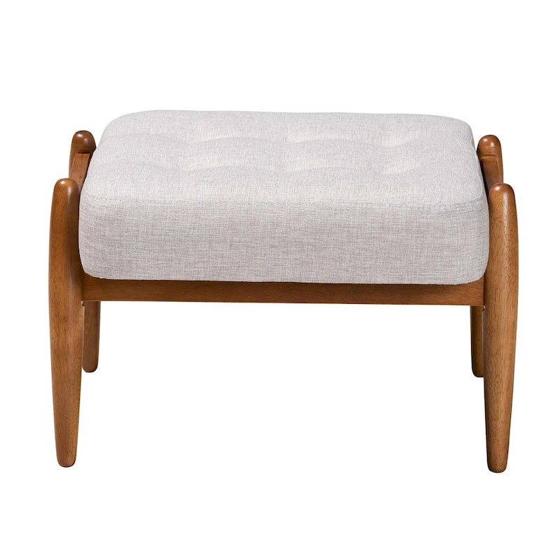 Ottoman repose-pieds Japandi en tissu gris foncé et bois de noyer