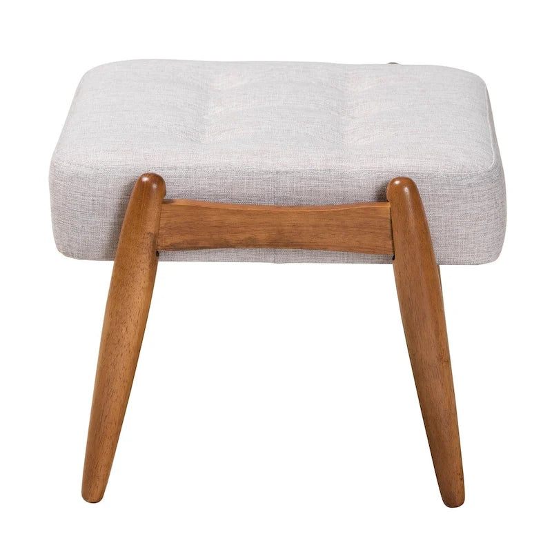 Ottoman repose-pieds Japandi en tissu gris foncé et bois de noyer
