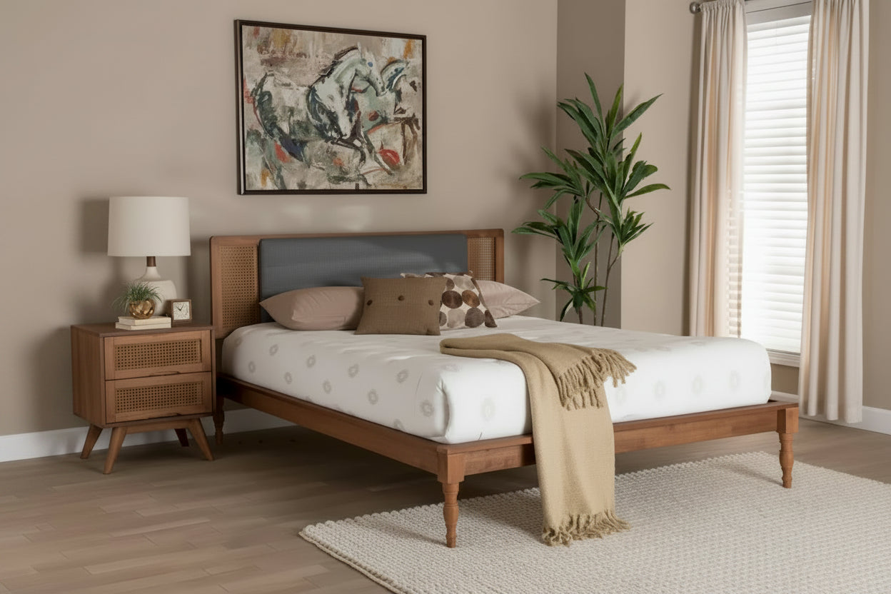 Eliseo Mid-Century Modern Dark Grey Fabric and Walnut Brown Finished Wood Platform Bed