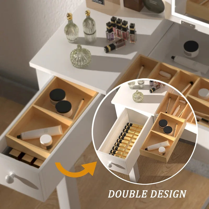 Coiffeuse élégante avec lumières LED, miroir rabattable et 2 tiroirs, rangement à bijoux pour femmes