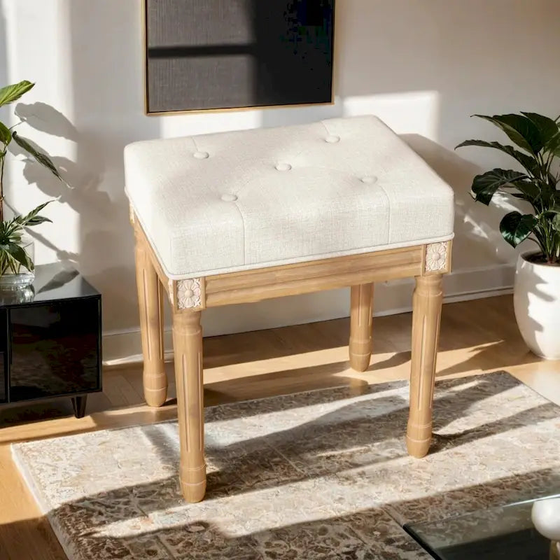 Tabouret vintage français capitonné avec assise rembourrée et cadre en bois