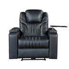 Fauteuil inclinable électrique en similicuir avec appui-tête électrique réglable, port USB, accoudoirs de rangement, porte-gobelet et tablette pivotante.