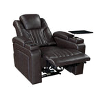 Fauteuil inclinable électrique en similicuir avec appui-tête électrique réglable, port USB, accoudoirs de rangement, porte-gobelet et tablette pivotante.