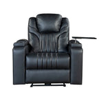 Fauteuil inclinable électrique en similicuir avec appui-tête électrique réglable, port USB, accoudoirs de rangement, porte-gobelet et tablette pivotante.