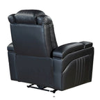 Fauteuil inclinable électrique en similicuir avec appui-tête électrique réglable, port USB, accoudoirs de rangement, porte-gobelet et tablette pivotante.