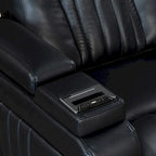 Fauteuil inclinable électrique en similicuir avec appui-tête électrique réglable, port USB, accoudoirs de rangement, porte-gobelet et tablette pivotante.