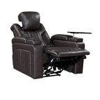 Fauteuil inclinable électrique en similicuir avec appui-tête électrique réglable, port USB, accoudoirs de rangement, porte-gobelet et tablette pivotante.
