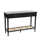 Console en bois d'acacia avec étagère en rotin