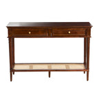 Console en bois d'acacia avec étagère en rotin