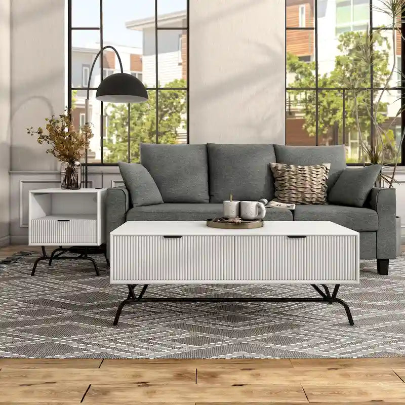 Table basse et table d'appoint modernes 2 pièces avec tiroirs accentués de vagues 3D