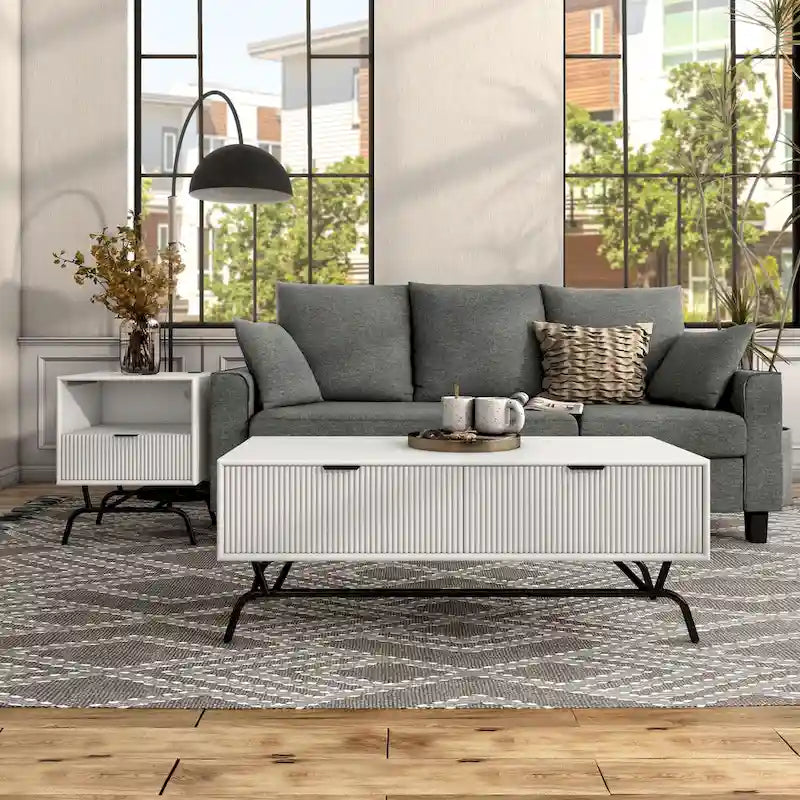 Table basse et table d'appoint modernes 2 pièces avec tiroirs accentués de vagues 3D