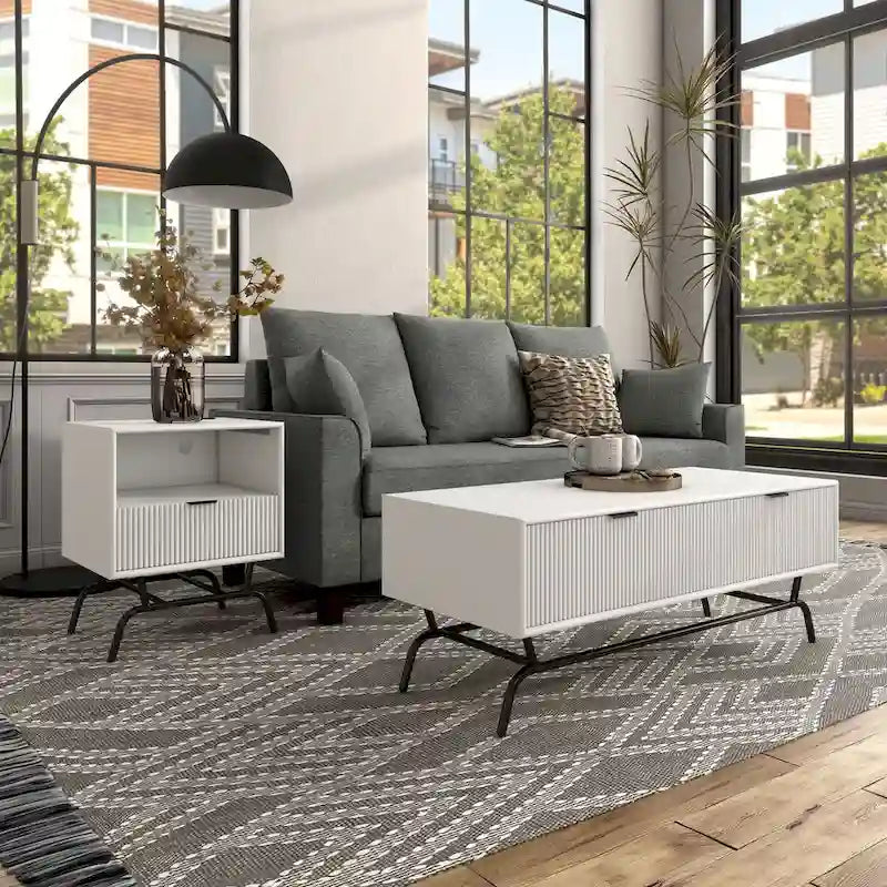Table basse et table d'appoint modernes 2 pièces avec tiroirs accentués de vagues 3D