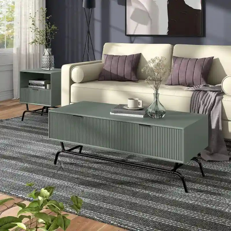 Table basse et table d'appoint modernes 2 pièces avec tiroirs accentués de vagues 3D