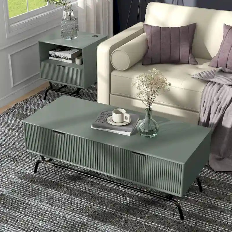 Table basse et table d'appoint modernes 2 pièces avec tiroirs accentués de vagues 3D