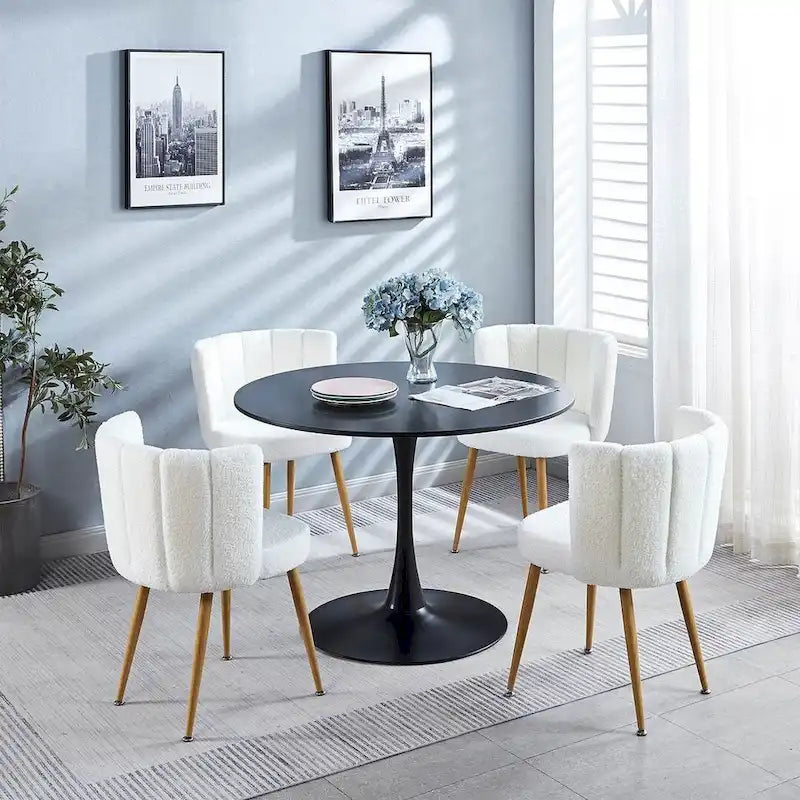Table à manger ronde avec 4 chaises en tissu peluche Teddy