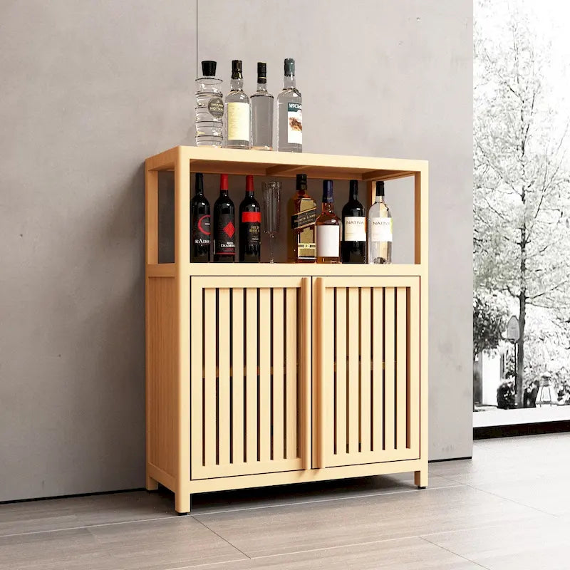 Meuble de rangement en bambou, meuble de salle de bain autoportant avec 2 portes à persiennes, meuble bas.