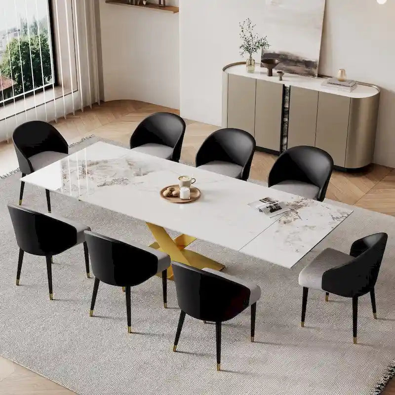 Table à manger rectangulaire extensible en pierre frittée 94.48 9 pièces avec 8 chaises en similicuir