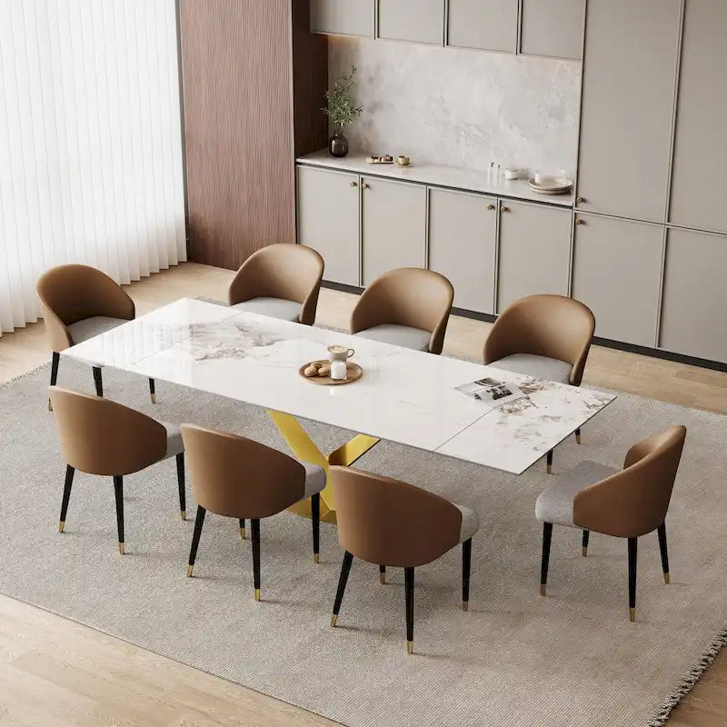 Table à manger rectangulaire extensible en pierre frittée 94.48 9 pièces avec 8 chaises en similicuir
