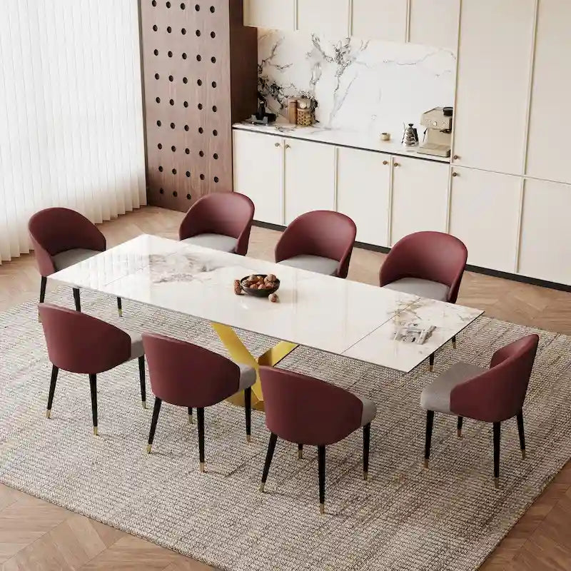 Table à manger rectangulaire extensible en pierre frittée 94.48 9 pièces avec 8 chaises en similicuir