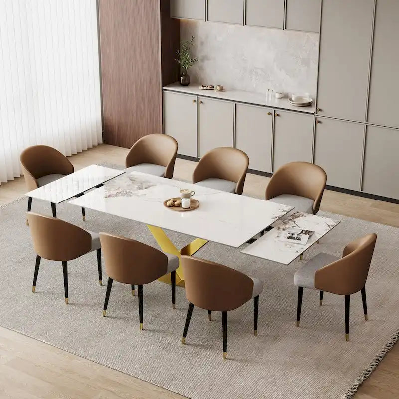 Table à manger rectangulaire extensible en pierre frittée 94.48 9 pièces avec 8 chaises en similicuir