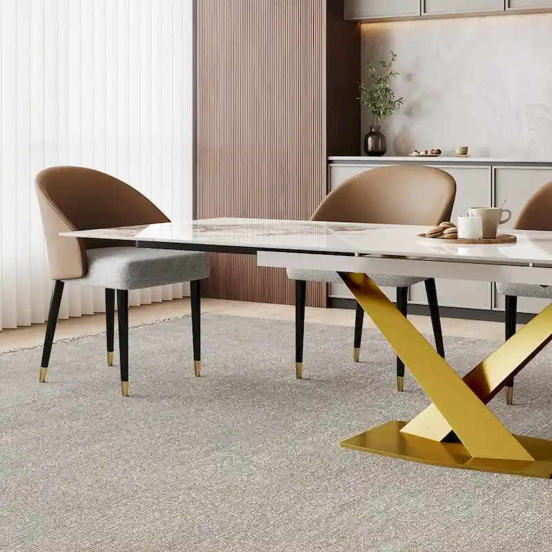 Table à manger rectangulaire extensible en pierre frittée 94.48 9 pièces avec 8 chaises en similicuir