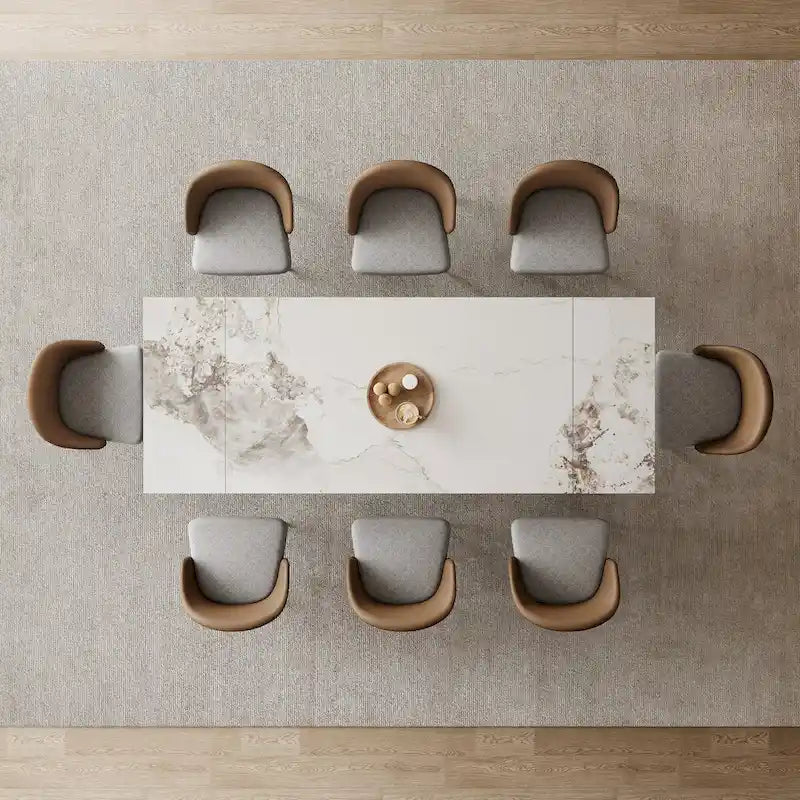 Table à manger rectangulaire extensible en pierre frittée 94.48 9 pièces avec 8 chaises en similicuir