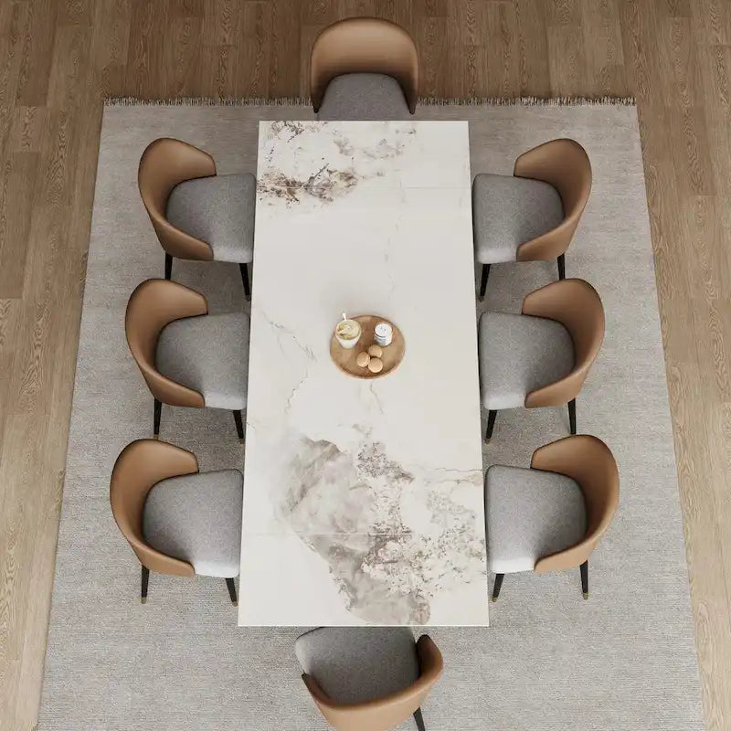 Table à manger rectangulaire extensible en pierre frittée 94.48 9 pièces avec 8 chaises en similicuir