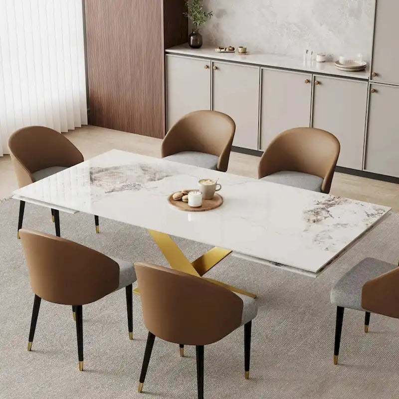 Table à manger rectangulaire extensible en pierre frittée 94.48 9 pièces avec 8 chaises en similicuir