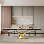Table à manger rectangulaire extensible en pierre frittée 94.48 9 pièces avec 8 chaises en similicuir