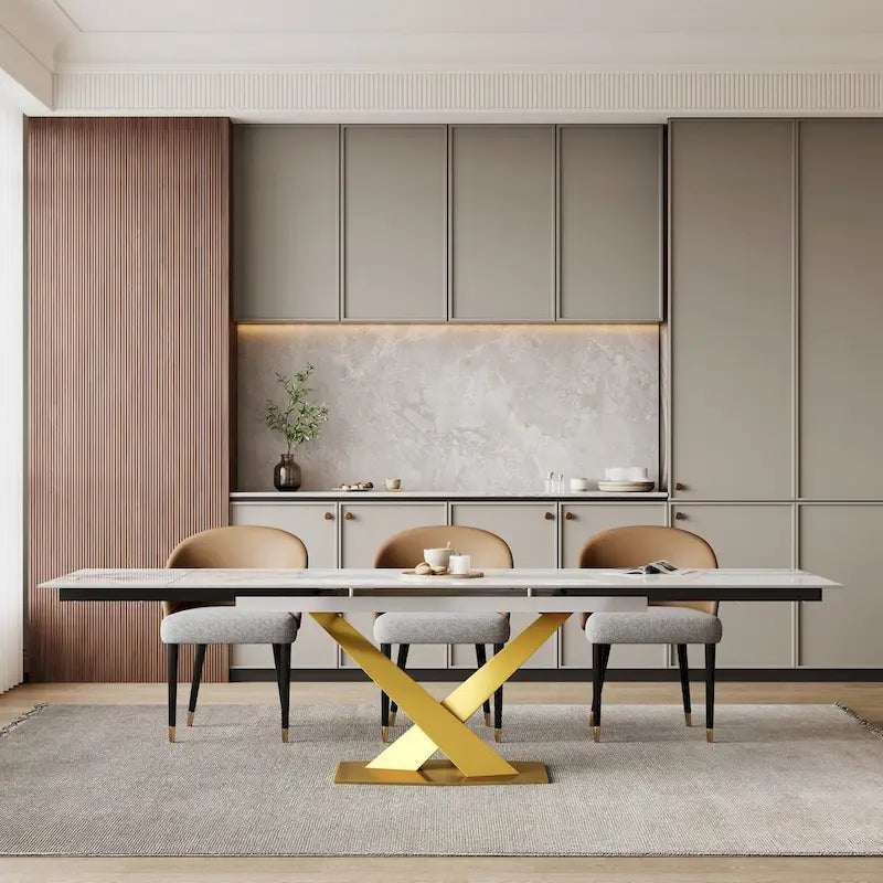 Table à manger rectangulaire extensible en pierre frittée 94.48 9 pièces avec 8 chaises en similicuir