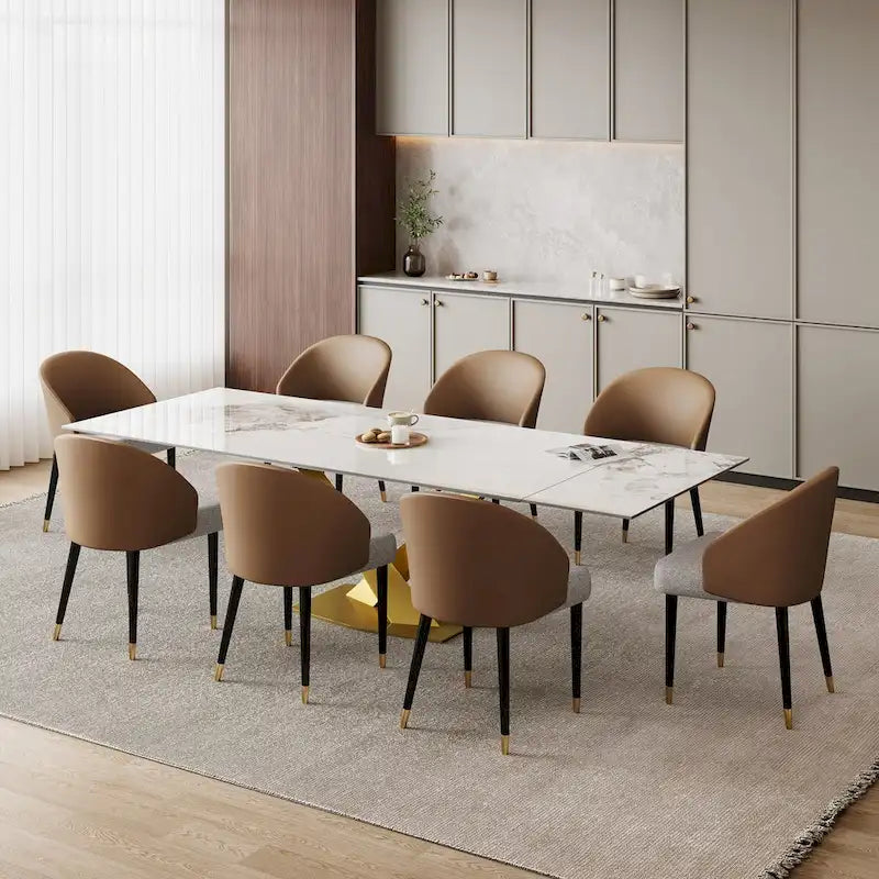 Table à manger rectangulaire extensible en pierre frittée 94.48 9 pièces avec 8 chaises en similicuir