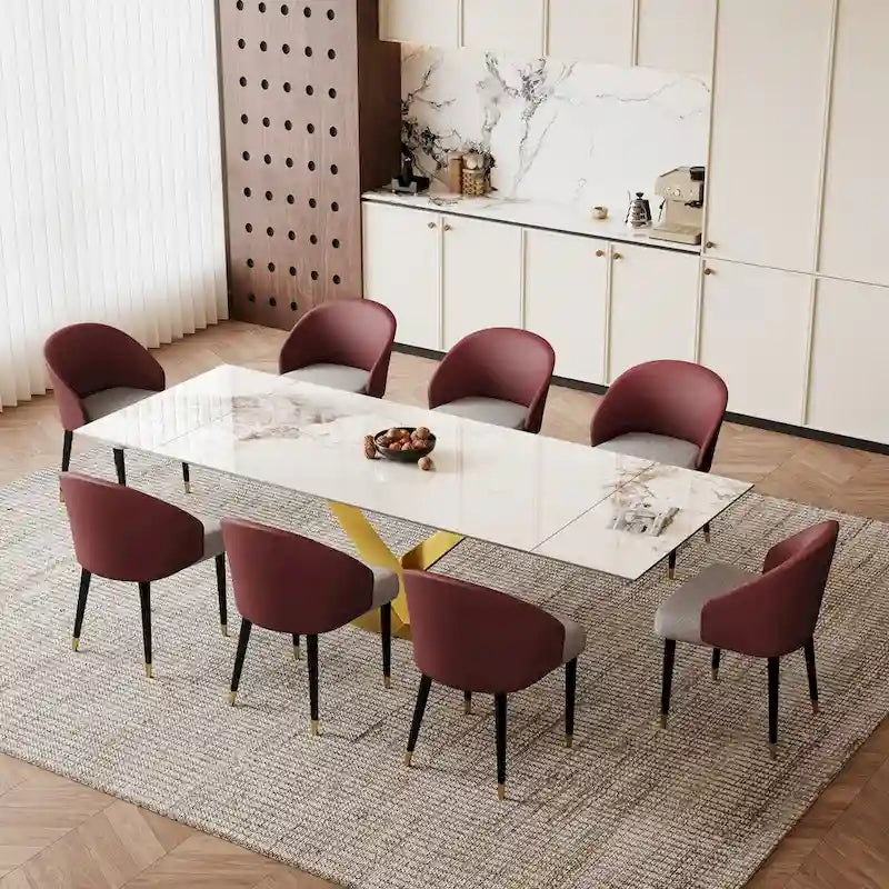 Table à manger rectangulaire extensible en pierre frittée 94.48 9 pièces avec 8 chaises en similicuir